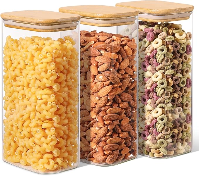 ComSaf 1.8 Qt Rectangle Glass Storage Containers with Lids, Glass Jars with Bamboo Lids, Clear Food Storage Jar, Sugar Coffee Containers, Pantry Storage Container for Pasta Rice Flour Oats Nuts Tea