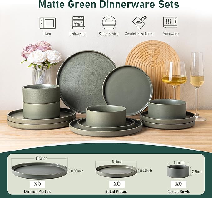 GBhome Ceramic Dinnerware Sets for 6, Matte Stoneware Plates and Bowls Sets,Chip and Scratch Resistant Dishes, Dishwasher & Microwave Safe, Oven safe,Reactive Glaze-Green