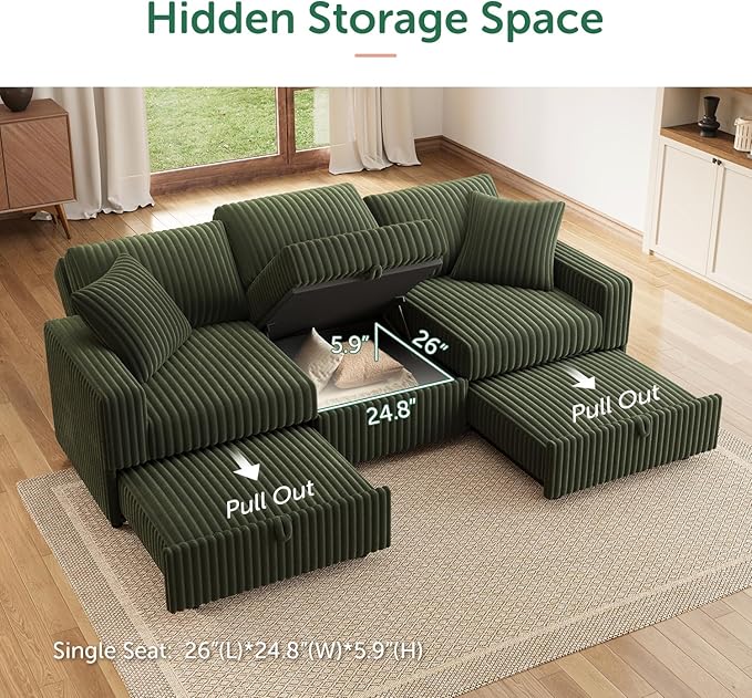 HONBAY Sectional Sofa, Modular L Shaped U Shaped Pull Out Couch with Storage, Velvet Green