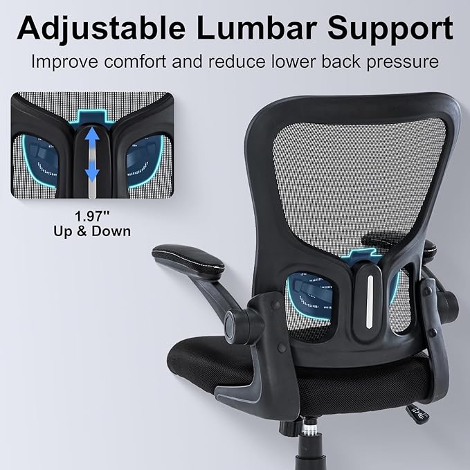 Office Chair Ergonomic Desk Chair Mesh Computer Home Office Desk Chair with Adjustable Lumbar Support Flip-up Armrests, 360 Swivel Comfy Task Executive Chair, Black