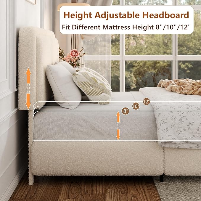 King Size Bed Frame with Headboard Adjustable, Boucle Upholstered Platform King Bed Frame, Anti-Collision Soft Rounded Corners, No Box Spring Needed, Noise-Free, Easy Assembly, Beige