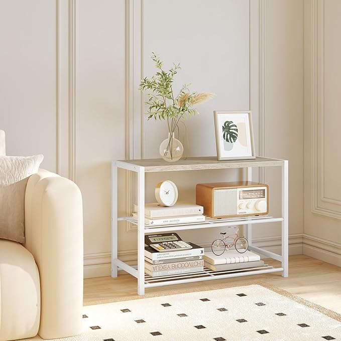 Yusong Shoe Rack Organizer, 3 Tier Industrial Shoe Storage Shelf for Closet Entryway, Narrow Sturdy Metal Shoe Shelves, White