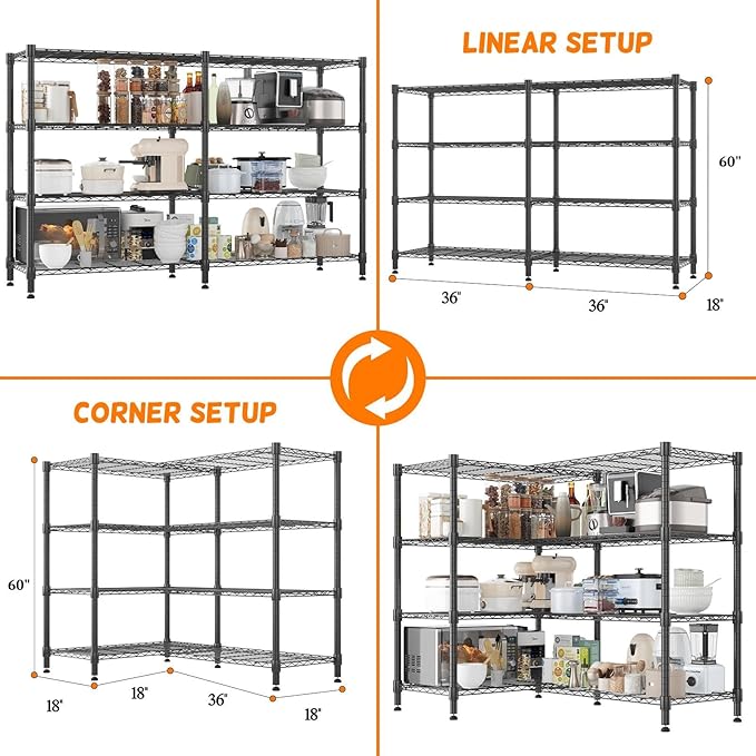 Homdox Heavy Duty Storage Shelves, 4 Tier Wire Shelving Unit, Adjustable Metal Shelves for Storage, Garage Rack Pantry Shelves Kitchen Shelving, 18"x72"x60", Black