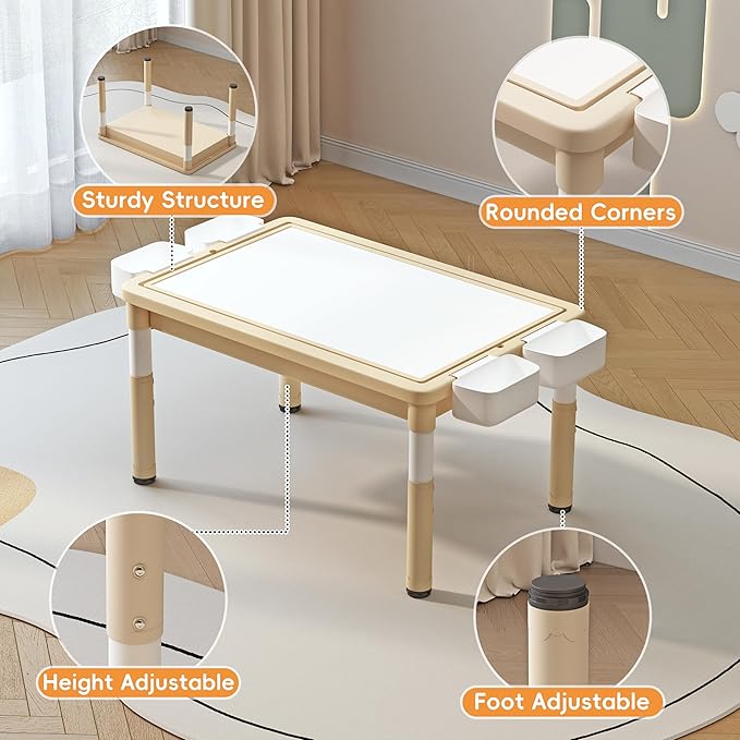 Kids Table and 2 Chairs with Storage, Children Water and Sand Activity Tables Height Adjustable, 34.6''L x 24.4''W Toddler Table for Buliding Blocks, Drawing, Eating, for Kids Age 2-10, Beige