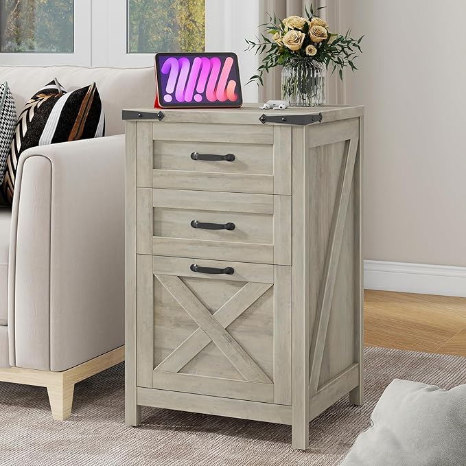 Vertical File Cabinet with 3 Drawers, Wooden Farmhouse Filing Cabinet for Letter/A4 Size Hanging Files, Under Desk Printer Stand with Storage for Home Office, Rustic Grey