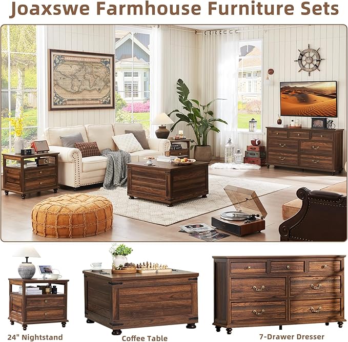 24" Wide Farmhouse Night Stand Set of 2,Large End Table with 2 Drawers & Metal Handle,Brown Wood Dresser for Bedroom, Bed Side Table Chest of Drawers Cabinet, Nightstand for Living Room,Closet