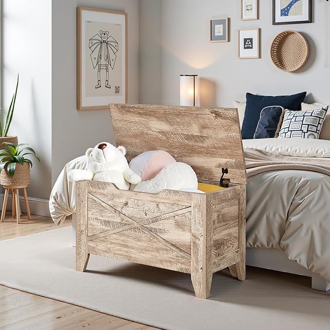 VECELO 30" Farmhouse Style Storage Bench, Entryway Shoe Ottoman, with Handwoven Cushion, with Metal Safety Hinges, for Bedroom, Living Room, Entryway, Light Wood