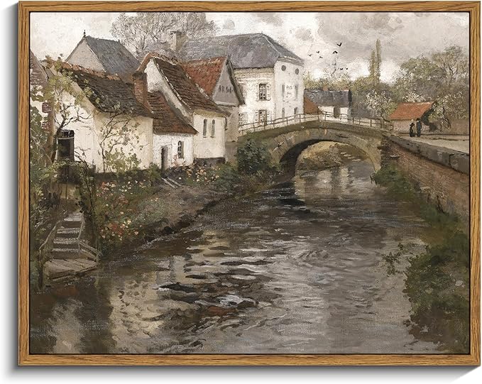 InSimSea Framed Canvas Wall Art Vintage Decor, Landscape Wall Art Prints, Riverside Small Town Canvas Prints, Rustic Farmhouse Wall Decor for Bedroom Living Room, Retro Room Decor, 11"x14"