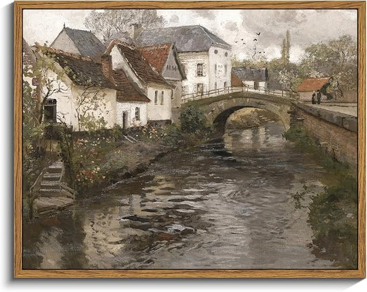 InSimSea Framed Canvas Wall Art Vintage Decor, Landscape Wall Art Prints, Riverside Small Town Canvas Prints, Rustic Farmhouse Wall Decor for Bedroom Living Room, Retro Room Decor, 11"x14"