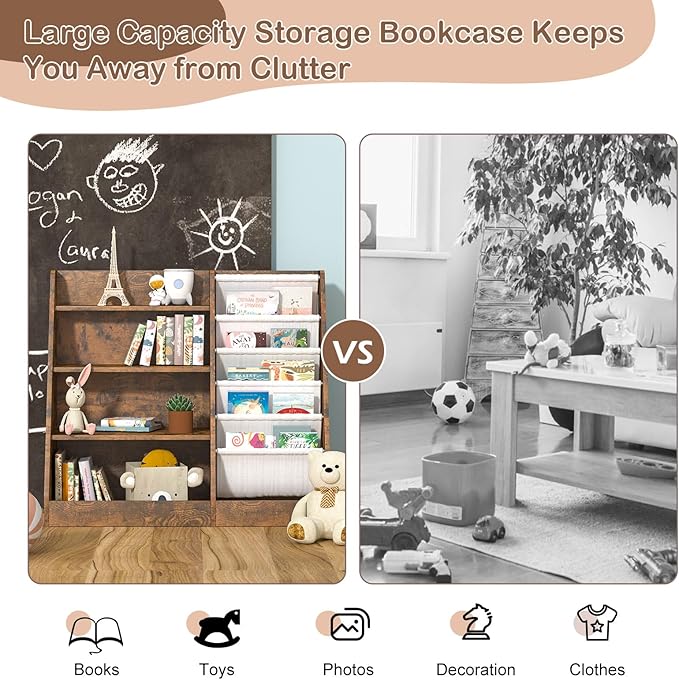 Kids Bookshelf for Bedroom Toddler Children Baby Bookcase 4-Tier for Nursery Book Toy Storage Organizer 5 Sling Book Display Shelf Book Rack Wood Classroom Playroom Rustic Brown