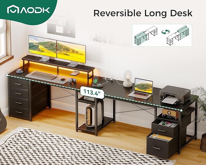 AODK 66" L Shaped Computer Desk, 113“ Reversible Home Office Desk with File Cabinet & 4 Fabric Drawers, Two Person Desk with LED Lights & Power Outlet, Corner Gaming Desk with Monitor Shelf, Black