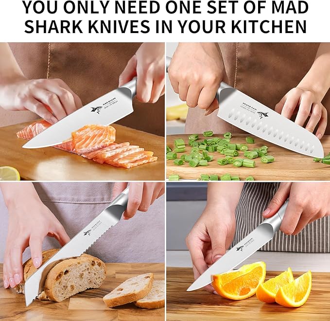 MAD SHARK Knife Set for Kitchen with Block, 17pc Cutlery Set, Built-in Sharpener, German Stainless Steel, Non-slip Ergonomic Handle, Dishwasher Safe