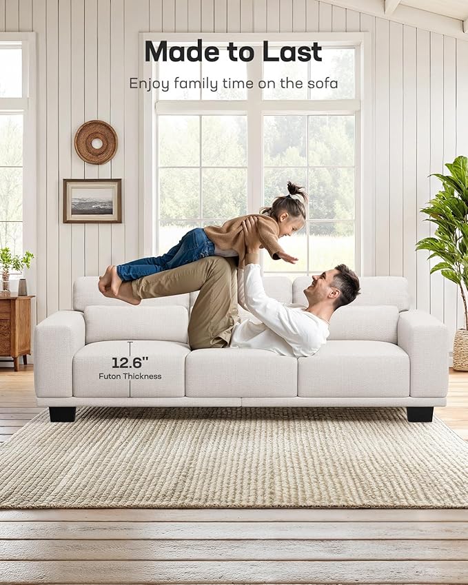 Marsail 89" Sofa Couch, 3-Seater Couches with Wide Armrests & Deep Cushions, Modern Linen Fabric Sofas for Living Room, Comfy Upholstered Couch with Removable Washable Covers, Beige