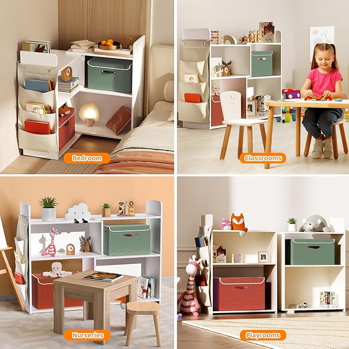 4 Cube Storage Organizer, 32inch Wooden Extendable Book Shelf DIY Bookcase with 2 pcs Storage Cabinet and Side Pockets, Open Storage Cabinet for Living Room, Bedroom, Home, Office