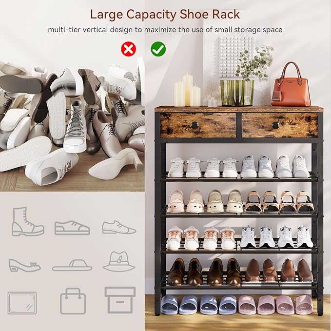 IBUYKE 5 Tier Shoe Rack, Metal Shoe Storage Organizer for 12-16 Pairs of Shoes, Modern Shoe Stand with 2 Drawers,Metal Shelf for Entryway Closet Bedroom, Rustic Brown TXJ041H