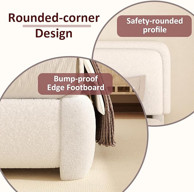 King Boucle Platform Bed Frame with Height Adjustable Headboard, Modern Upholstered Cloud Bed, Sleek Curved Design, No Box Spring Needed, Easy Assembly, Noise Free, White