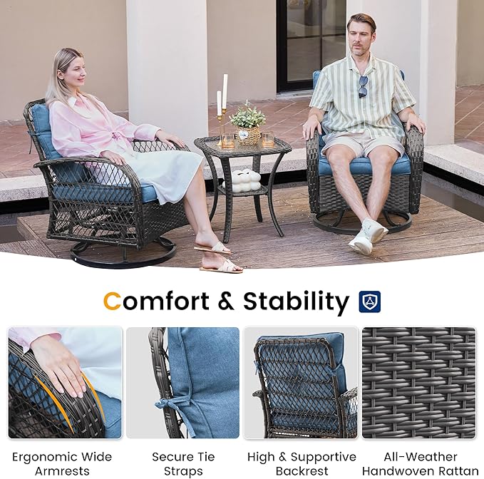 UDPATIO Patio Furniture Set 360 Swivel Chair 3 Piece Patio Set Wicker Outdoor Chair with Coffee Table for Yard, Bistro, Balcony, Blue