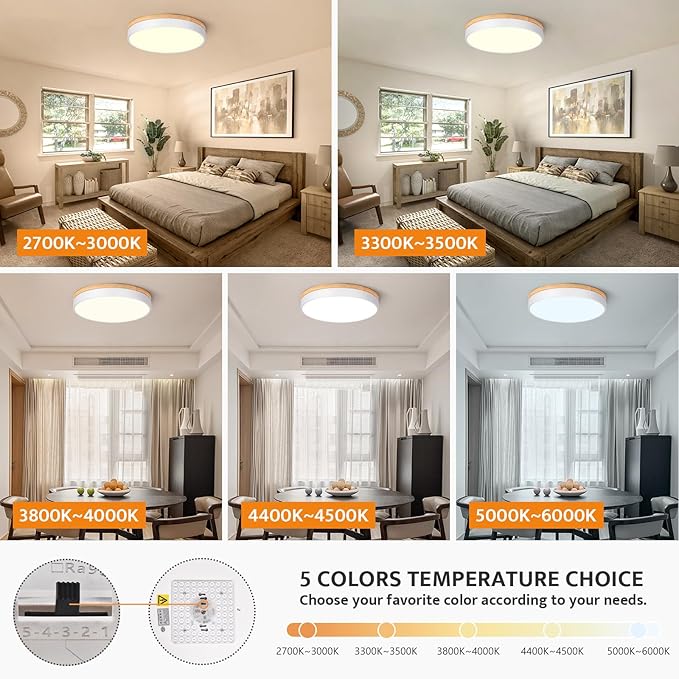 Dimmable Wood LED Flush Mount Ceiling Light, 5CCT 2700K-6000K Modern Round Close to Ceiling Lighting Fixtures, Minimalist White Ceiling Lamp for Living Room, Bedroom, Laundry Room
