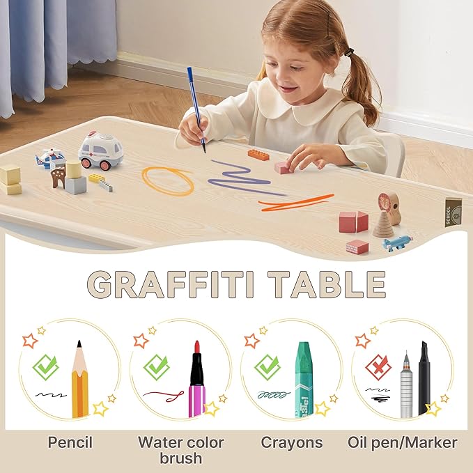 Kids Study Table and Chairs Set, Height Adjustable Toddler Table and Chair Set for Kids Ages 3-8, 31.5" L x 23.6" W Graffiti Desktop Plastic Children Art Table with 2 Seats, Burlywood
