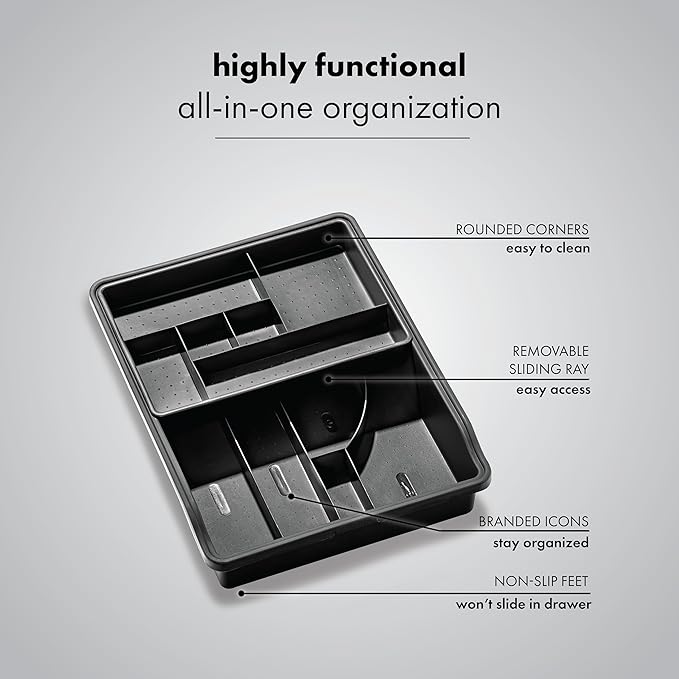 Madesmart 23-Compartment Original Junk Drawer Organizer Tray, Plastic Multipurpose Storage Bin for Drawers, Granite