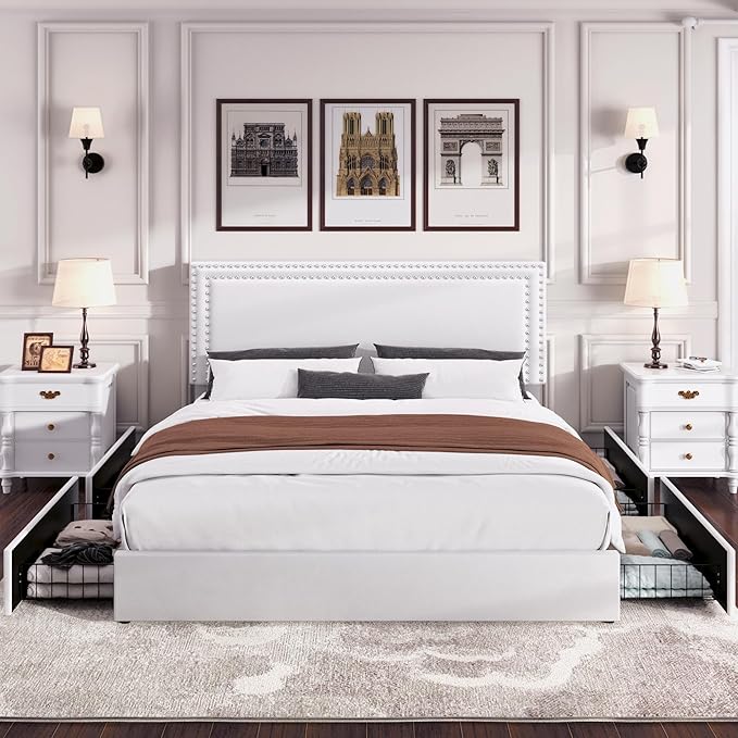 VECELO King Size Upholstered Platform Bed Frame with 4 Storage Drawers, Adjustable Velvet Rivet Decor Headboard, Wooden Slats Support, No Box Spring Needed, Easy Assembly