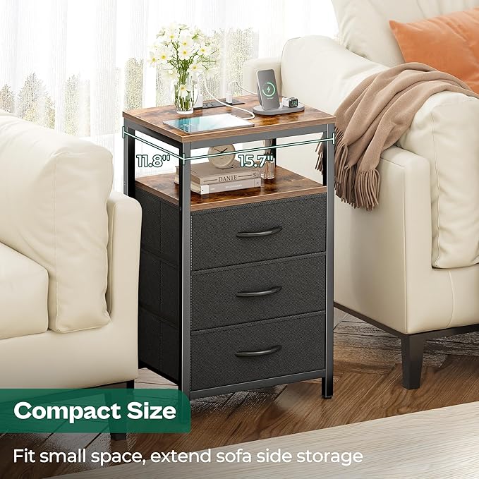 Huuger Nightstands Set of 2, 27.6 Inch End Tables with Charging Station, Fabric Drawers, Bedside Tables with USB-C Port and Outlet, Night Stands for Bedroom, Rustic Brown and Black