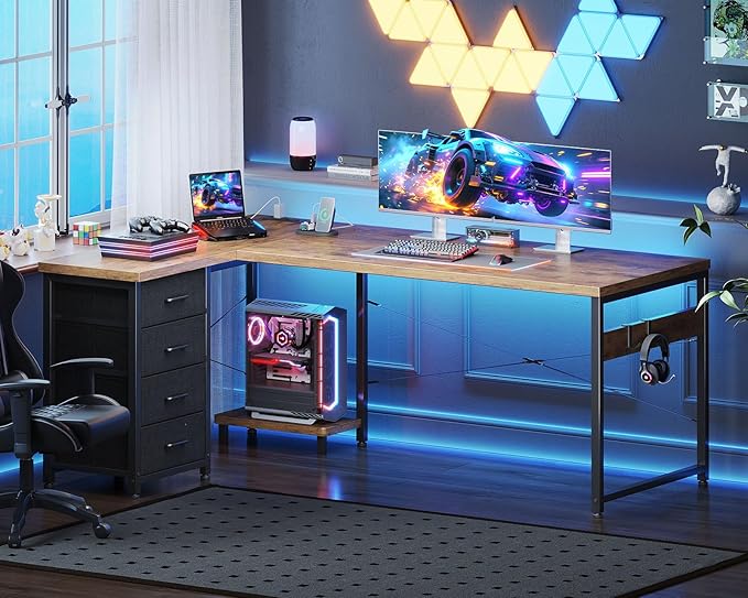 ODK 61'' L Shaped Desk with 4 Drawers, Reversible Corner Desk with Storage, Gaming Table with Power Outlets, USB Ports, Computer Desk for Home Office, Study, Easy Assembly, Vintage Brown