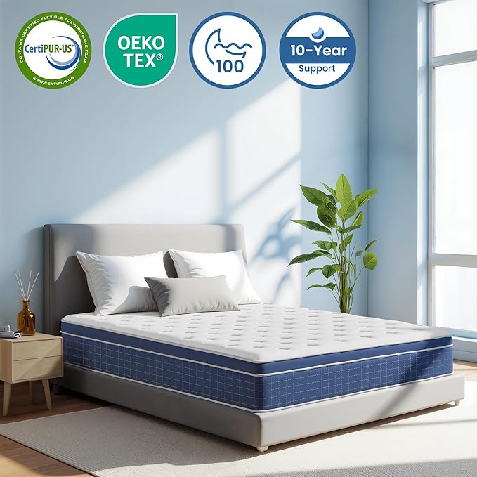 Twin Size Mattress 10 Inch, Twin Mattress in a Box, Hybrid Memory Foam Medium Firm Feel Individual Pocket Springs Matress, Breathable Fabric, Strong Edge Support, Fiberglass Free
