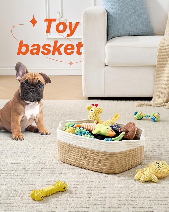 KALLAX Small Woven Basket, 14 x 10 x 5.6 Inches, Small Storage Baskets for Organizing, Gift Baskets Empty, Cute Rope Shelf Closet Storage Bins for Shelves, Dog Toy Basket, White & Brown