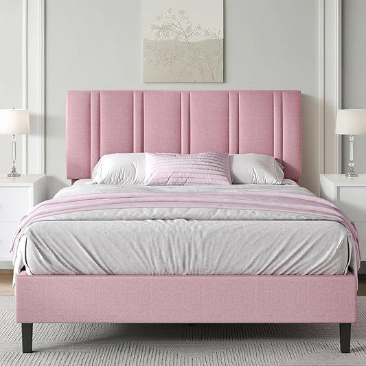 Full Bed Frames with Tufted Headboard, Upholstered Platform Bed with Wooden Slats Support, Princess Bed Frame for Girls, Easy Assembly, No Box Spring Required, Pink
