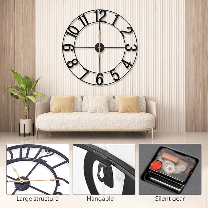30-Inch Silent Non-Ticking Indoor Outdoor Wall Clock, Battery Operated Vintage Farmhouse Metal Clock with Arabic Numerals for Patio, Pool, Garden, Living Room, Kitchen Decor - Black