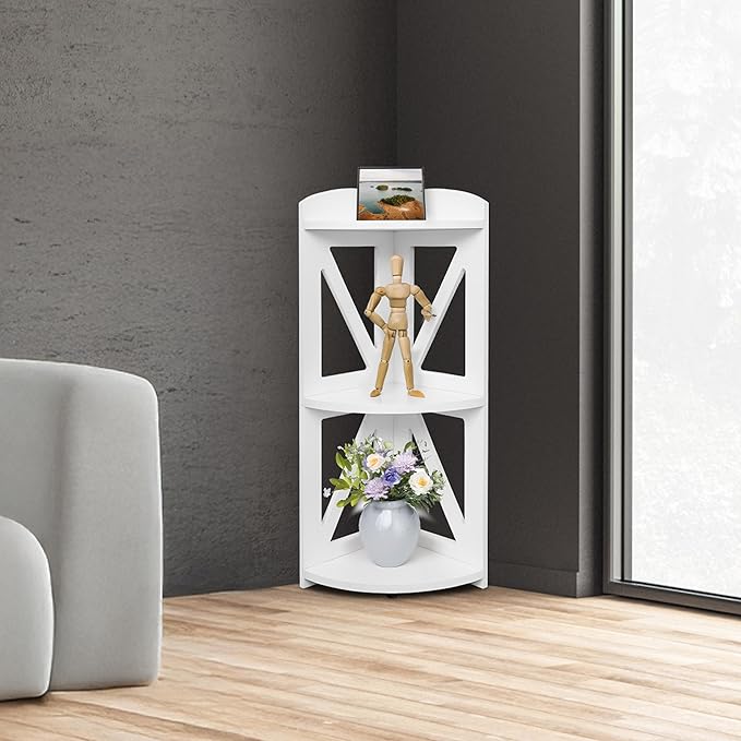 Corner Shelf Stand, Corner Bookshelf, Small Corner Shelves by Natural Wood, Plant Stand, Corner Bookcase for Living Room, Home Office, Bedroom, (White, 3 Tier)