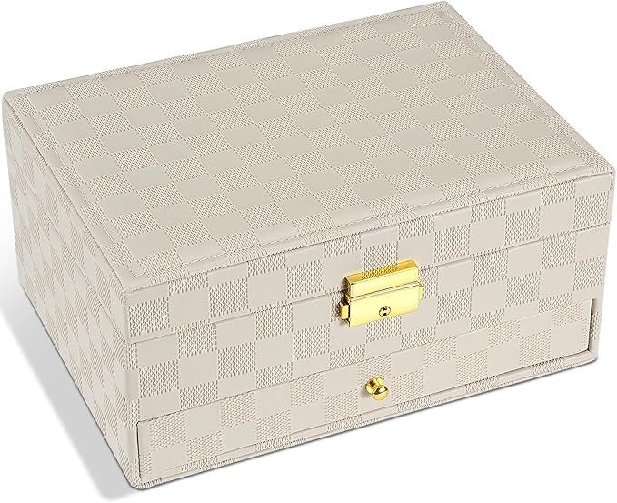 Jewelry Box for Women Girl Wife - Large PU Leather Jewelry Organizer Storage Case with Two Layers Display for Earrings Bracelets Rings Watches (Light Khaki)
