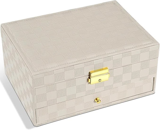 Jewelry Box for Women Girl Wife - Large PU Leather Jewelry Organizer Storage Case with Two Layers Display for Earrings Bracelets Rings Watches (Light Khaki)