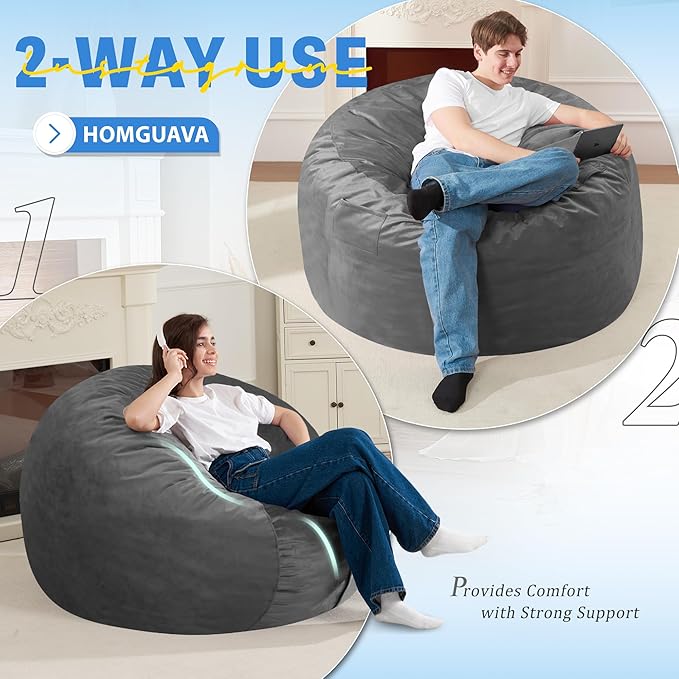 Homguava 3FT Bean Bag Chair: 3' Bean Bags with Memory Foam Filled, Large Beanbag Chairs Soft Sofa with Dutch Velvet Cover-Grey