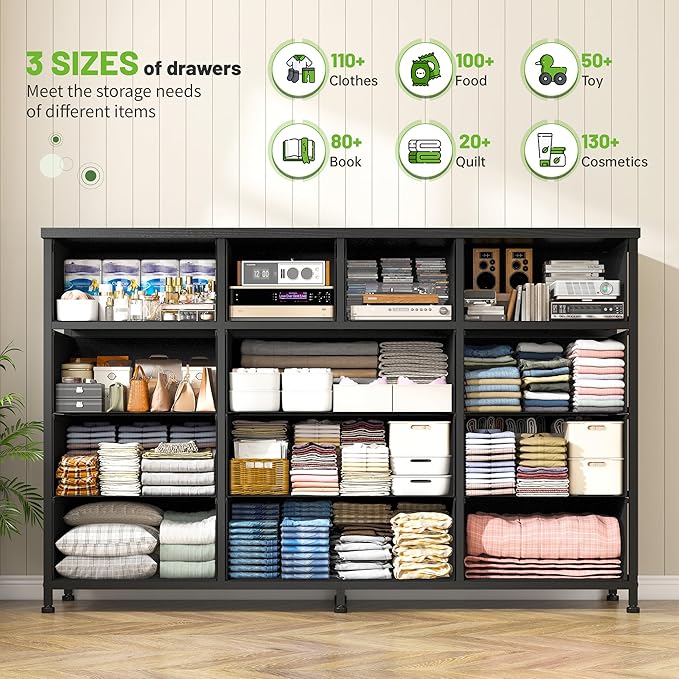 Black Dresser with 13 Fabric Dresser，Tv Stand for Bedroom for 40,50,55 inch Tv,Entertainment Center,Storage Drawers for Living Room, Hallway, Entryway 47.2" Wx 33" H X 11.8" D