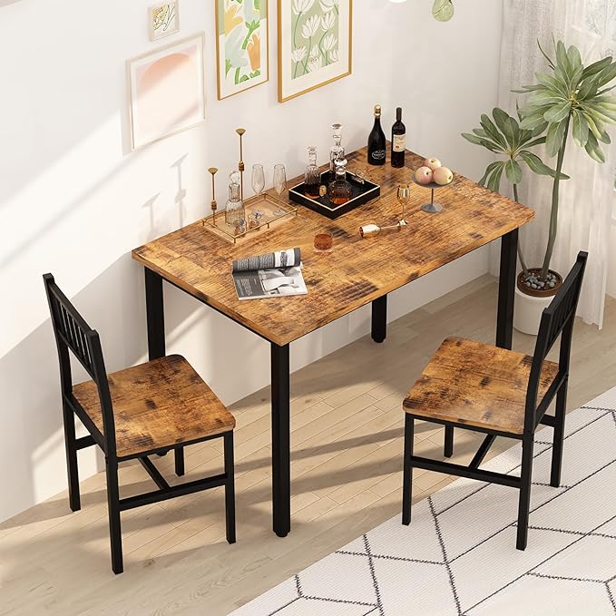 Lamerge Small Kitchen Table Set for 2, Industrial Dining Breakfast Table and 2 Chairs, 3 Pieces Dining Table Set for Dining Room, Living Room, Apartment, Small Space (Retro Brown)