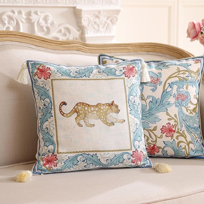 patdrea Designer Throw Pillow Cover for Couch 18"x18",Vintage French Linen Pillowscover with Cheetah Pattern and White Pendant,Farmhouse Decorative Pillowcases for Bed Living Room Outdoor Set of 2