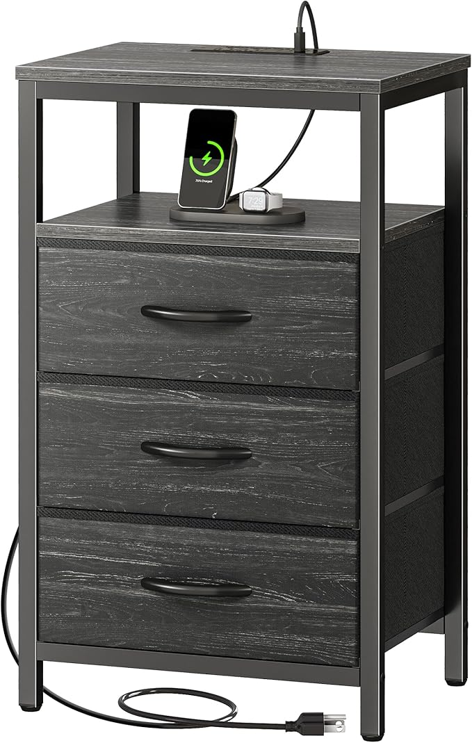 Huuger Nightstand with Charging Station, 27.6 Inch End Table Bedside Table with USB Ports and Outlets, Night Stand for Bedroom, Fabric Drawers, Charcoal Black Wood Grain Print