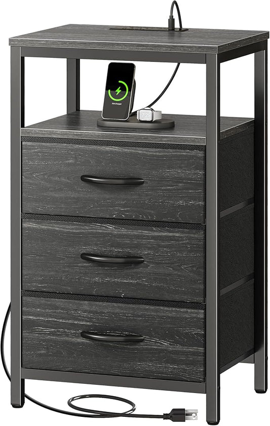 Huuger Nightstand with Charging Station, 27.6 Inch End Table Bedside Table with USB Ports and Outlets, Night Stand for Bedroom, Fabric Drawers, Charcoal Black Wood Grain Print