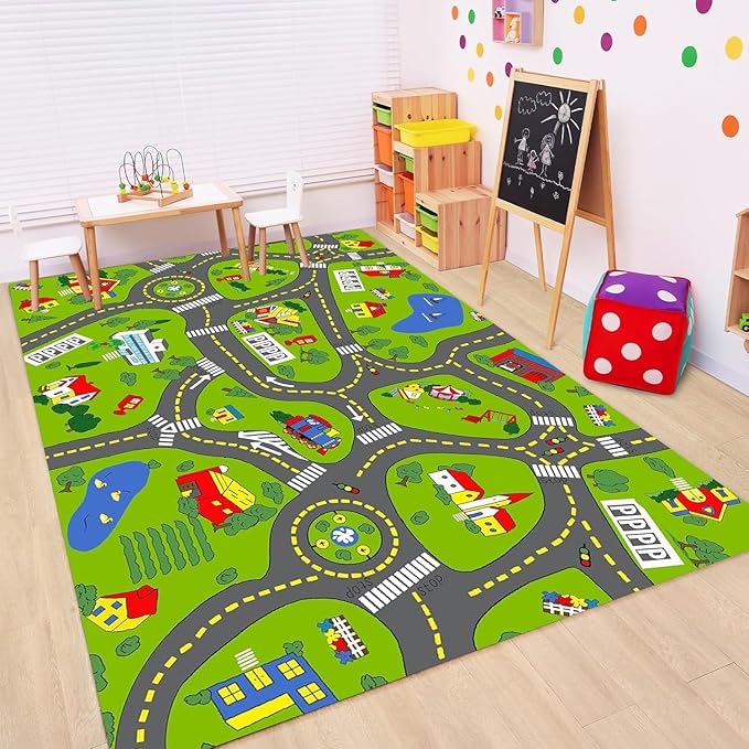 Non-Slip Town City Road Map Playmat for Boys, Perfect for Playroom and Bedroom, Car Track Mat - 9'2" x 6'7" (Rectangular)