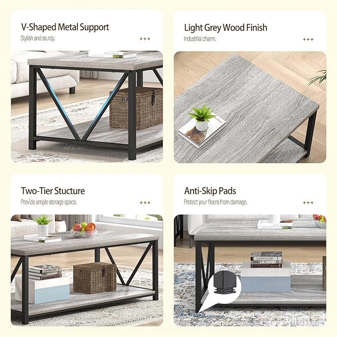 FOLUBAN Coffee Table, Modern Rectangle Living Room Table with Storage Shelf, Rustic Wood and Metal Center Table, Light Grey, 47 Inch