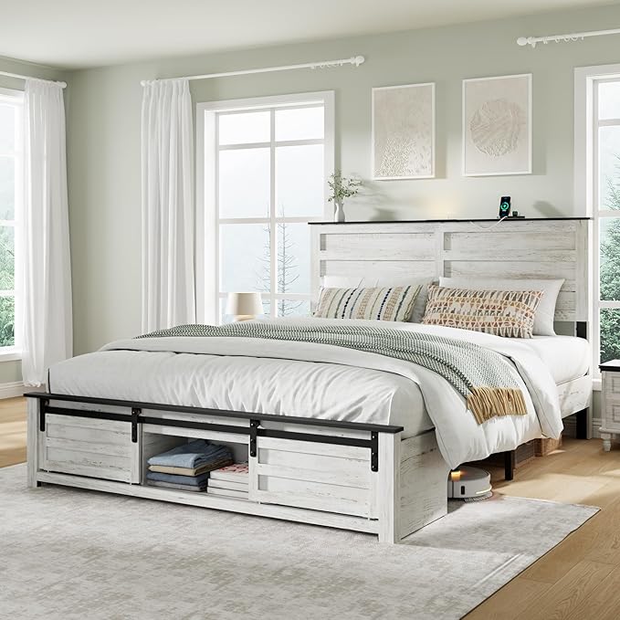 Full Size Bed Frame with Wood Headboard, Wooden Platform Bedframe with Sliding Barn Door Footboard and Charging Station Easy Assembly, No Box Spring Needed (Boho White, Full)