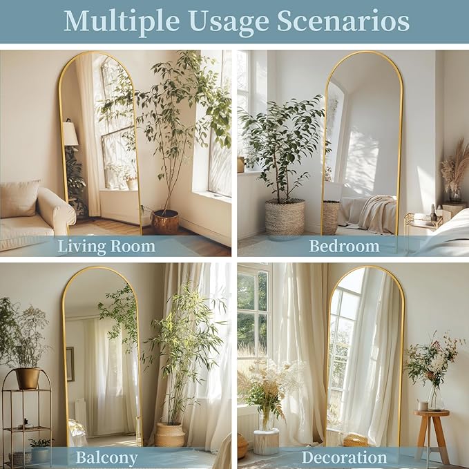 Full Length Mirror with Stand, 68"x26" Arched Full Body Mirror, Large Stand Up Mirrors, Aluminum Frame Floor Standing Mirrors, Freestanding Hanging Leaning Mounted for Bedroom Living Room Gold