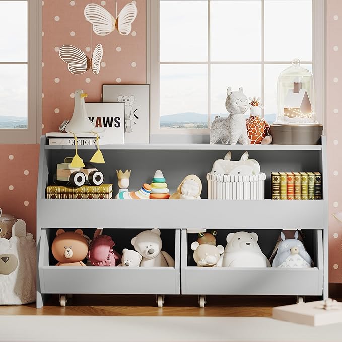 Toy Storage Organizer for Kids, Toy Storage Cabinet with Drawers, Boys and Girls Toy Shelf with Wheels, Toy Organizer Kids Bookshelf with Storage for Nursery, Playroom, Bedroom (Light Grey)