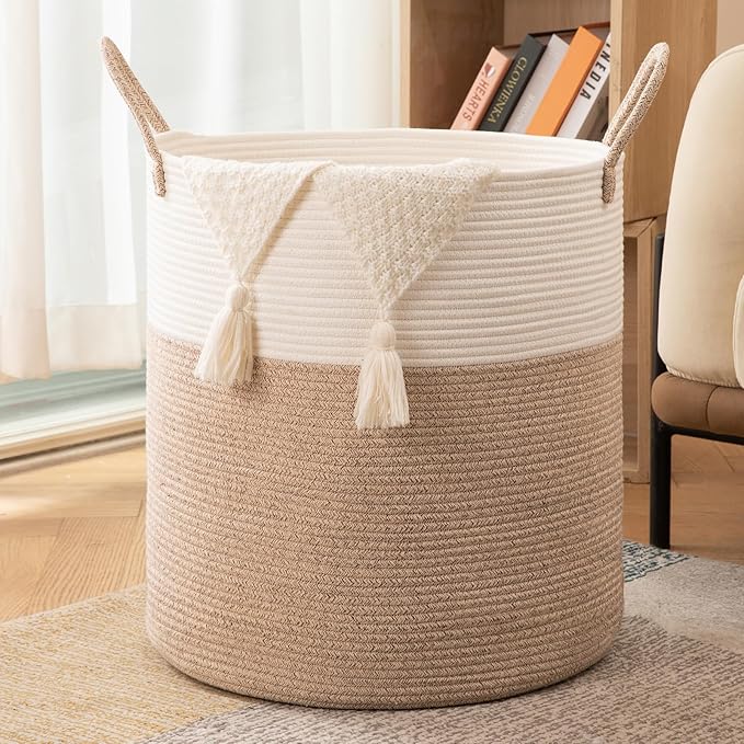 OIAHOMY 100L Laundry Hamper, Dirty Clothes Hamper for Bedroom, Collapsible Laundry Basket, Large Blanket Basket, Nursery Hamper with Handle, Blanket Storage for Living Room-18.5x21inches-Brown&White
