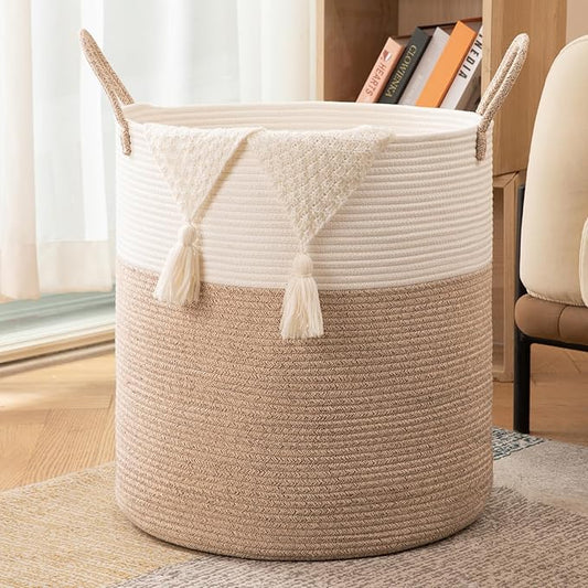 OIAHOMY 100L Laundry Hamper, Dirty Clothes Hamper for Bedroom, Collapsible Laundry Basket, Large Blanket Basket, Nursery Hamper with Handle, Blanket Storage for Living Room-18.5x21inches-Brown&White
