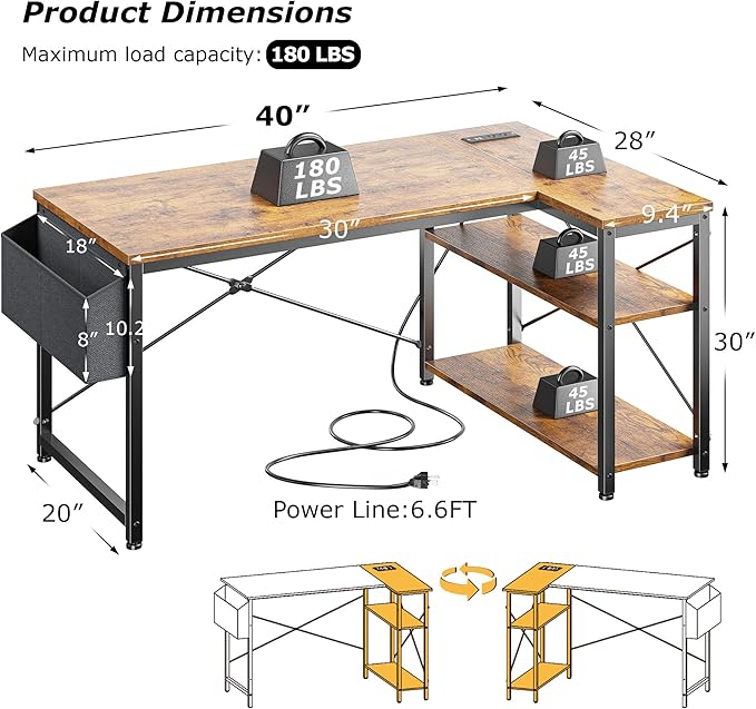 EnHomee Small Computer Desk with Storage Shelves & Side Bag, 40 Inch L Shaped Gaming Desk with Power Outlets, Corner Desk Study Writing Table for Home Office Bedroom Living Room, Brown