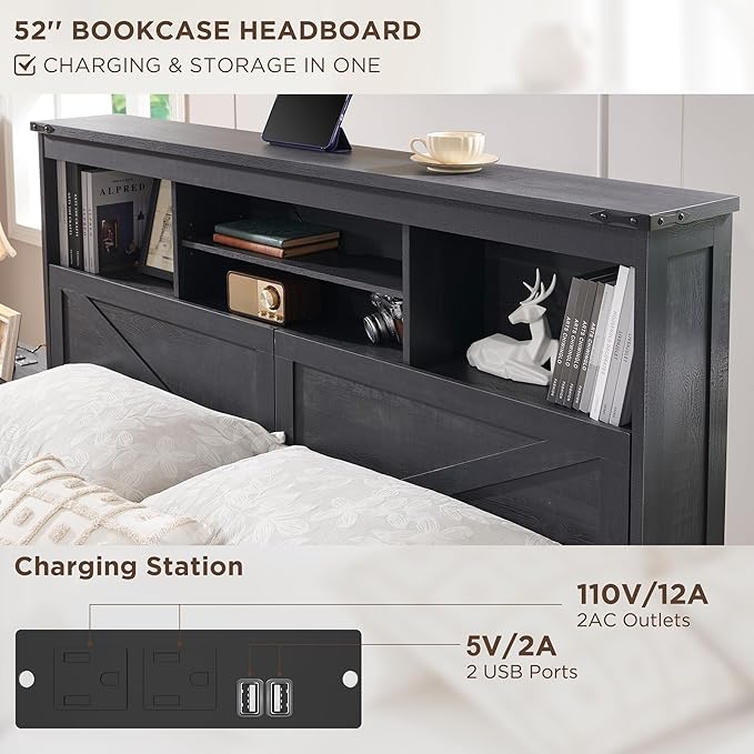 ACCOHOHO Full Bed Frame with 52" Tall Headboard and 4 Drawers,LED Light,Charging Station,Solid Wood Slats Support,No Box Spring Needed,Black