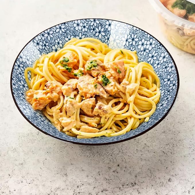 38 oz Japanese Ramen Bowl Set of 6 - Large 8 Inch Ceramic Soup Bowls, Blue and White Japanese Noodle Bowls for Pho, Ramen, and Salad - Mixing Patterns